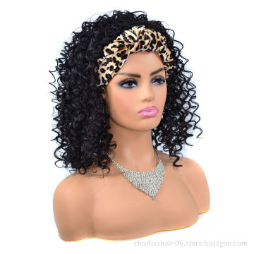 Wholesale Ombre Turban Wig Afro Wig Short With leopard band Kinky Curly Synthetic Wig With Headband Attached For Black Women